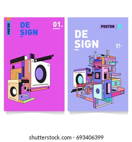 Flat color covers set. Abstract colorful geometric 3d shapes with typography poster design template. Trendy design and colorful theme. 