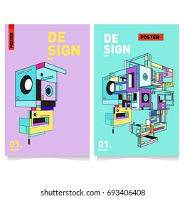 Flat color covers set. Abstract colorful geometric 3d shapes with typography poster design template. Trendy design and colorful theme. 