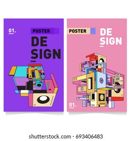 Flat color covers set. Abstract colorful geometric 3d shapes with typography poster design template. Trendy design and colorful theme. 