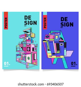 Flat color covers set. Abstract colorful geometric 3d shapes with typography poster design template. Trendy design and colorful theme. 