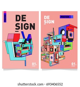 Flat color covers set. Abstract colorful geometric 3d shapes with typography poster design template. Trendy design and colorful theme. 