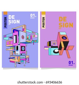 Flat color covers set. Abstract colorful geometric 3d shapes with typography poster design template. Trendy design and colorful theme. 