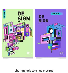 Flat color covers set. Abstract colorful geometric 3d shapes with typography poster design template. Trendy design and colorful theme. 