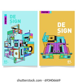 Flat color covers set. Abstract colorful geometric 3d shapes with typography poster design template. Trendy design and colorful theme. 