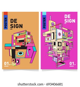 Flat color covers set. Abstract colorful geometric 3d shapes with typography poster design template. Trendy design and colorful theme. 