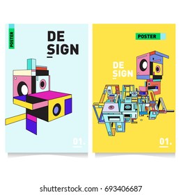 Flat color covers set. Abstract colorful geometric 3d shapes with typography poster design template. Trendy design and colorful theme. 