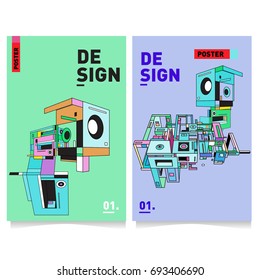 Flat color covers set. Abstract colorful geometric 3d shapes with typography poster design template. Trendy design and colorful theme. 
