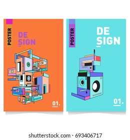 Flat color covers set. Abstract colorful geometric 3d shapes with typography poster design template. Trendy design and colorful theme. 