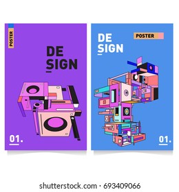 Flat color covers set. Abstract colorful geometric 3d shapes with typography poster design template. Trendy design and colorful theme. 