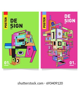 Flat color covers set. Abstract colorful geometric 3d shapes with typography poster design template. Trendy design and colorful theme. 
