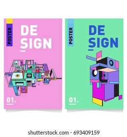 Flat color covers set. Abstract colorful geometric 3d shapes with typography poster design template. Trendy design and colorful theme. 