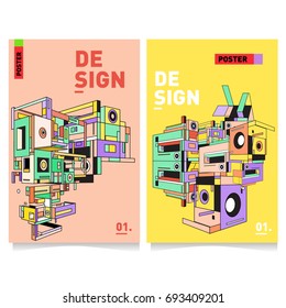 Flat color covers set. Abstract colorful geometric 3d shapes with typography poster design template. Trendy design and colorful theme. 