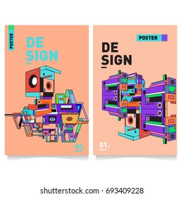 Flat color covers set. Abstract colorful geometric 3d shapes with typography poster design template. Trendy design and colorful theme. 