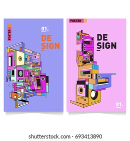 Flat color covers set. Abstract colorful geometric 3d shapes with typography poster design template. Trendy design and colorful theme. 