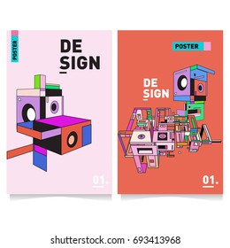 Flat color covers set. Abstract colorful geometric 3d shapes with typography poster design template. Trendy design and colorful theme. 