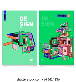 Flat color covers set. Abstract colorful geometric 3d shapes with typography poster design template. Trendy design and colorful theme. 