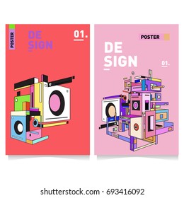 Flat color covers set. Abstract colorful geometric 3d shapes with typography poster design template. Trendy design and colorful theme. 