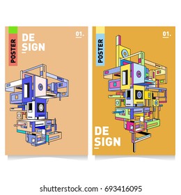 Flat color covers set. Abstract colorful geometric 3d shapes with typography poster design template. Trendy design and colorful theme. 