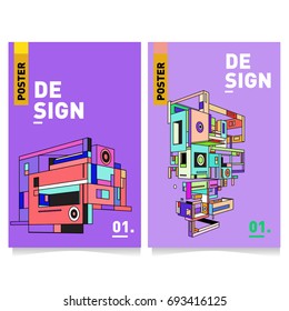 Flat color covers set. Abstract colorful geometric 3d shapes with typography poster design template. Trendy design and colorful theme. 