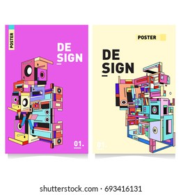 Flat color covers set. Abstract colorful geometric 3d shapes with typography poster design template. Trendy design and colorful theme. 