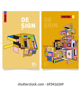 Flat color covers set. Abstract colorful geometric 3d shapes with typography poster design template. Trendy design and colorful theme. 