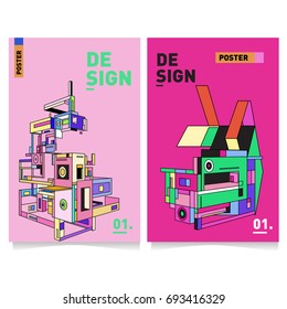 Flat color covers set. Abstract colorful geometric 3d shapes with typography poster design template. Trendy design and colorful theme. 