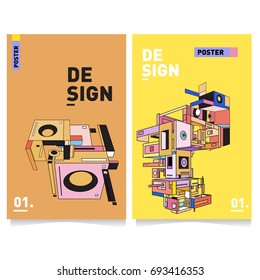 Flat color covers set. Abstract colorful geometric 3d shapes with typography poster design template. Trendy design and colorful theme. 