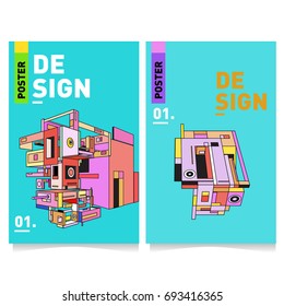 Flat color covers set. Abstract colorful geometric 3d shapes with typography poster design template. Trendy design and colorful theme. 
