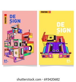 Flat color covers set. Abstract colorful geometric 3d shapes with typography poster design template. Trendy design and colorful theme. 