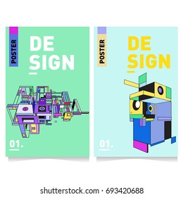 Flat color covers set. Abstract colorful geometric 3d shapes with typography poster design template. Trendy design and colorful theme. 