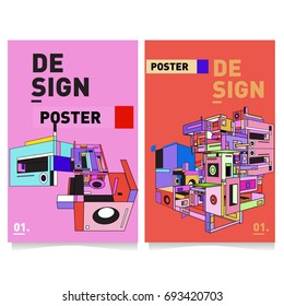Flat color covers set. Abstract colorful geometric 3d shapes with typography poster design template. Trendy design and colorful theme. 