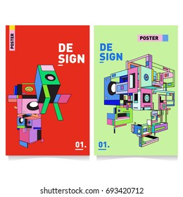 Flat color covers set. Abstract colorful geometric 3d shapes with typography poster design template. Trendy design and colorful theme. 