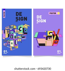 Flat color covers set. Abstract colorful geometric 3d shapes with typography poster design template. Trendy design and colorful theme. 