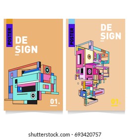Flat color covers set. Abstract colorful geometric 3d shapes with typography poster design template. Trendy design and colorful theme. 