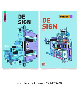 Flat color covers set. Abstract colorful geometric 3d shapes with typography poster design template. Trendy design and colorful theme. 