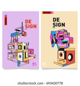Flat color covers set. Abstract colorful geometric 3d shapes with typography poster design template. Trendy design and colorful theme. 