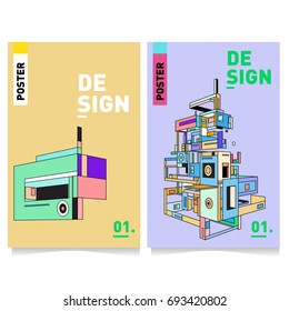Flat color covers set. Abstract colorful geometric 3d shapes with typography poster design template. Trendy design and colorful theme. 
