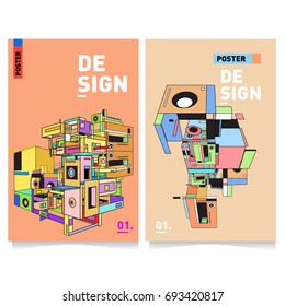 Flat color covers set. Abstract colorful geometric 3d shapes with typography poster design template. Trendy design and colorful theme. 