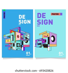 Flat color covers set. Abstract colorful geometric 3d shapes with typography poster design template. Trendy design and colorful theme. 