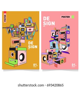 Flat color covers set. Abstract colorful geometric 3d shapes with typography poster design template. Trendy design and colorful theme. 