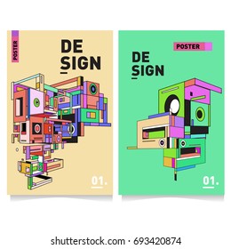 Flat color covers set. Abstract colorful geometric 3d shapes with typography poster design template. Trendy design and colorful theme. 