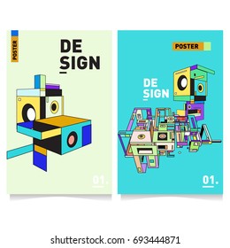 Flat color covers set. Abstract colorful geometric 3d with typography design template. Trendy poster design and colorful theme. 