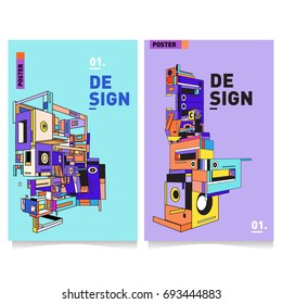 Flat color covers set. Abstract colorful geometric 3d with typography design template. Trendy poster design and colorful theme. 