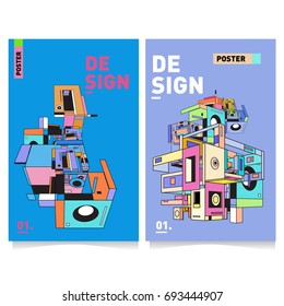 Flat color covers set. Abstract colorful geometric 3d with typography design template. Trendy poster design and colorful theme. 