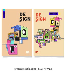 Flat color covers set. Abstract colorful geometric 3d with typography design template. Trendy poster design and colorful theme. 