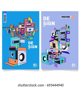 Flat color covers set. Abstract colorful geometric 3d with typography design template. Trendy poster design and colorful theme. 