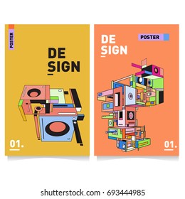 Flat color covers set. Abstract colorful geometric 3d with typography design template. Trendy poster design and colorful theme. 