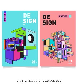 Flat color covers set. Abstract colorful geometric 3d with typography design template. Trendy poster design and colorful theme. 