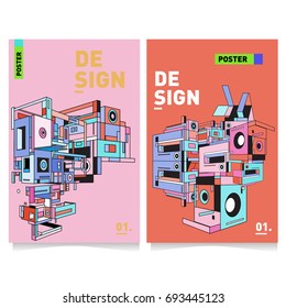 Flat color covers set. Abstract colorful geometric 3d with typography design template. Trendy poster design and colorful theme. 