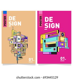 Flat color covers set. Abstract colorful geometric 3d with typography design template. Trendy poster design and colorful theme. 